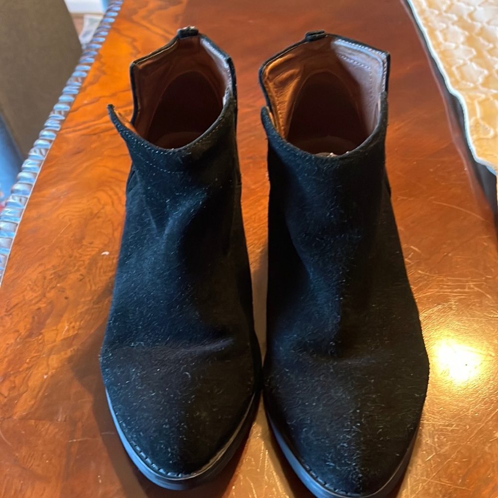 Jeffrey Campbell ankle booties, 6 1/2 black suede with pearls on heel.